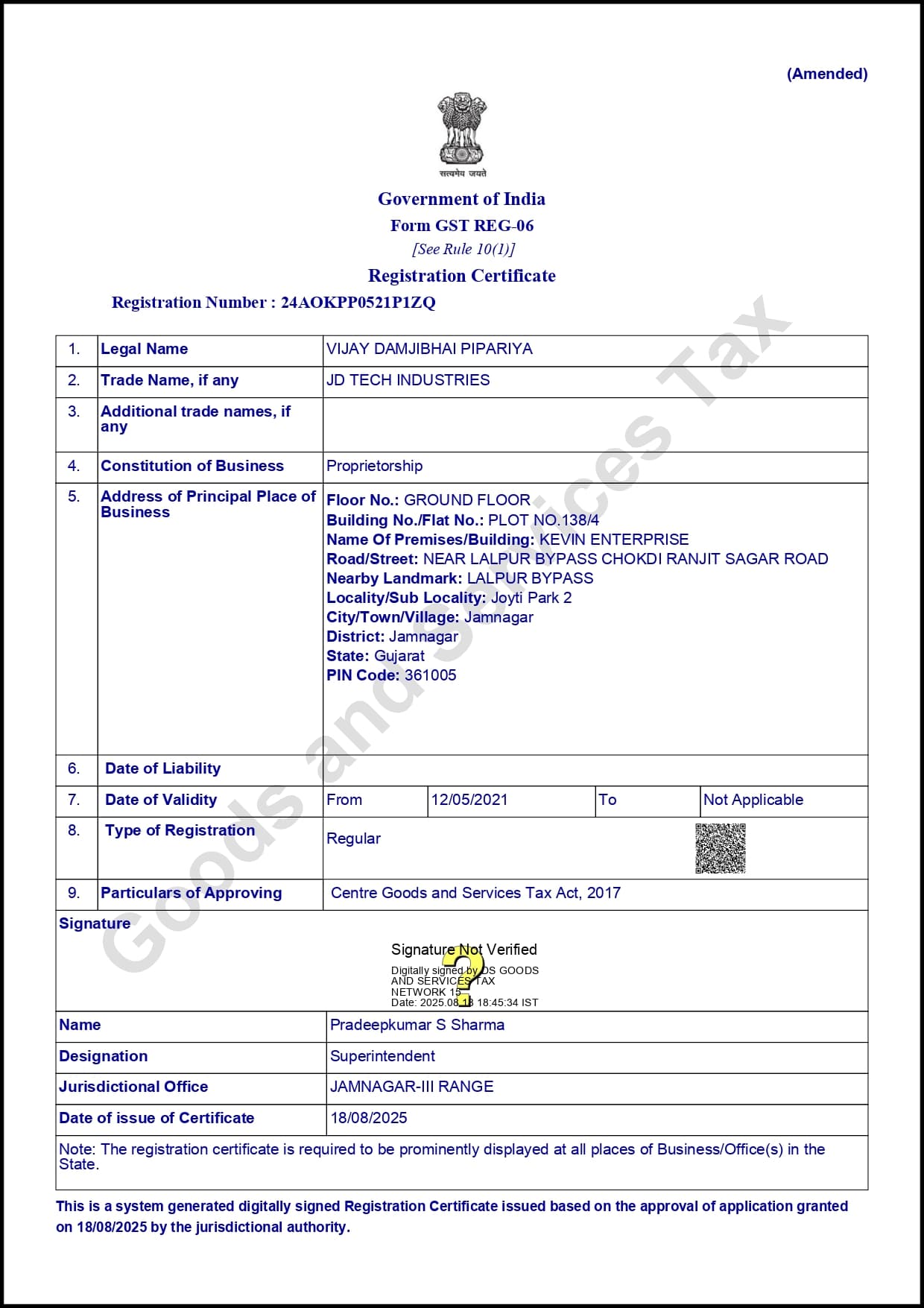 GST Registration (Form GST REG-06)
